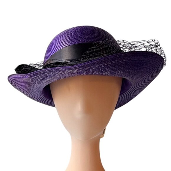 Vintage 1980s Purple Straw Hat Flowers Ribbon and Veil Trim  display picture 3